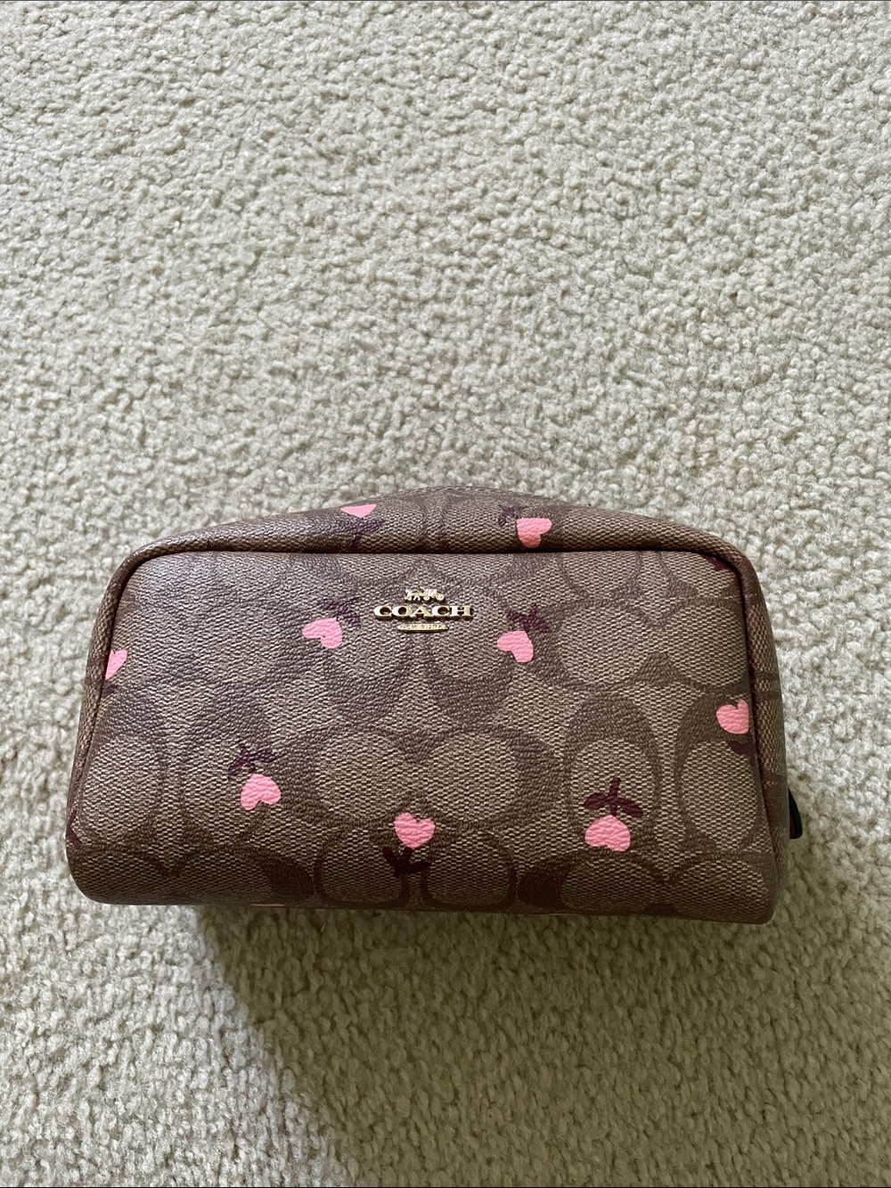 Coach Brown Signature Cosmetic Pouch with Pink Heart Accents